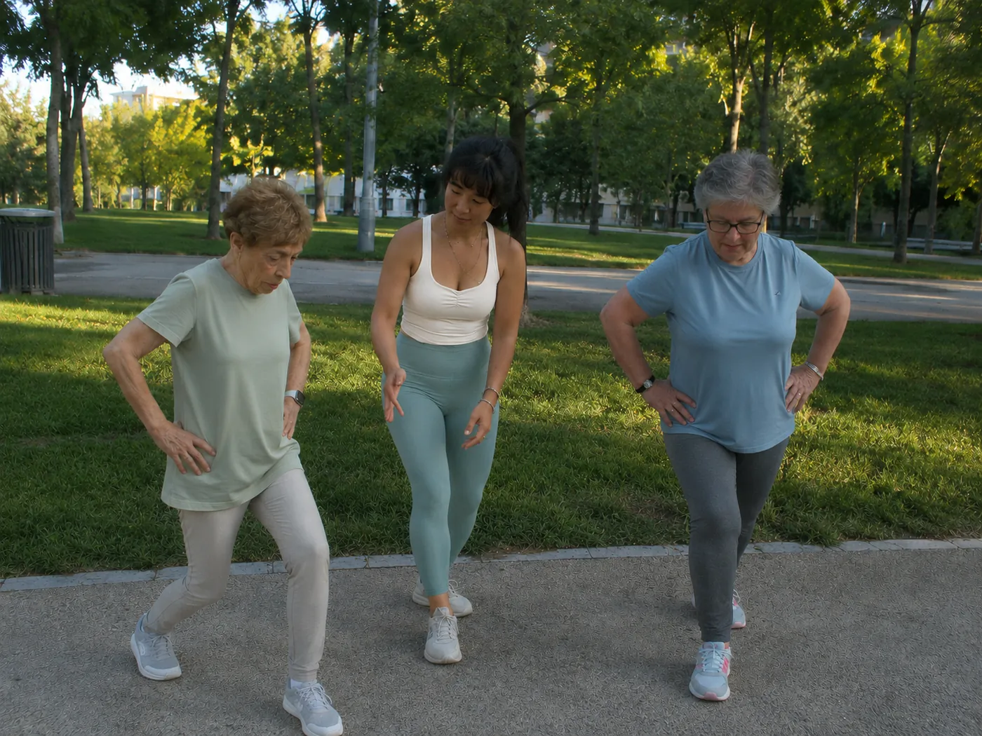 Julie training two older women outdoors in the park