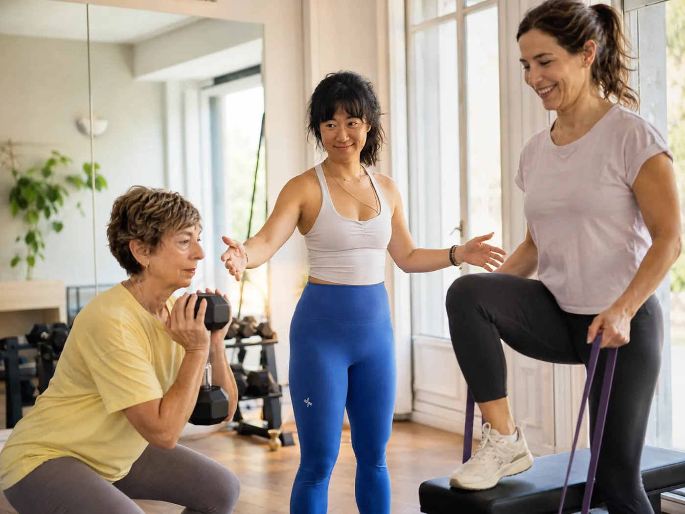 Women exercising together outdoors in a calm, private setting