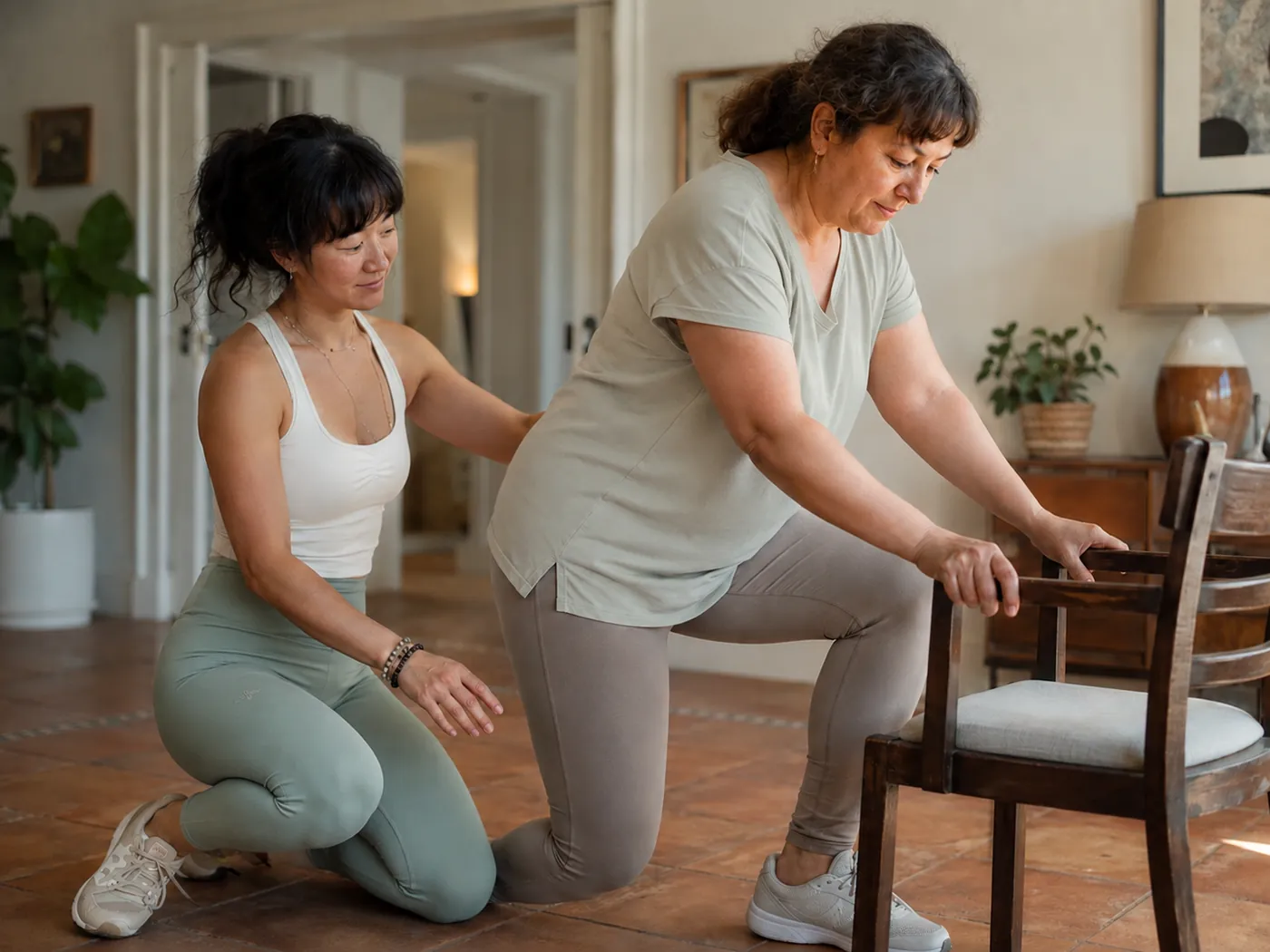 Julie assisting a client with a balance exercise using a chair at home