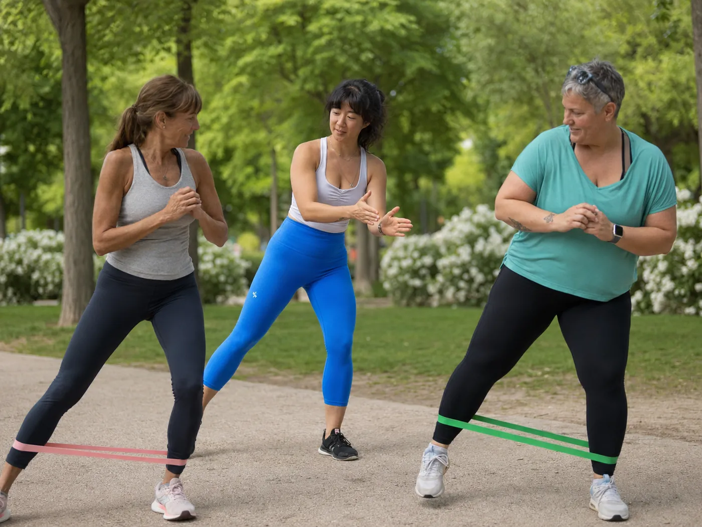 Julie guiding senior clients through a resistance band exercise in the park