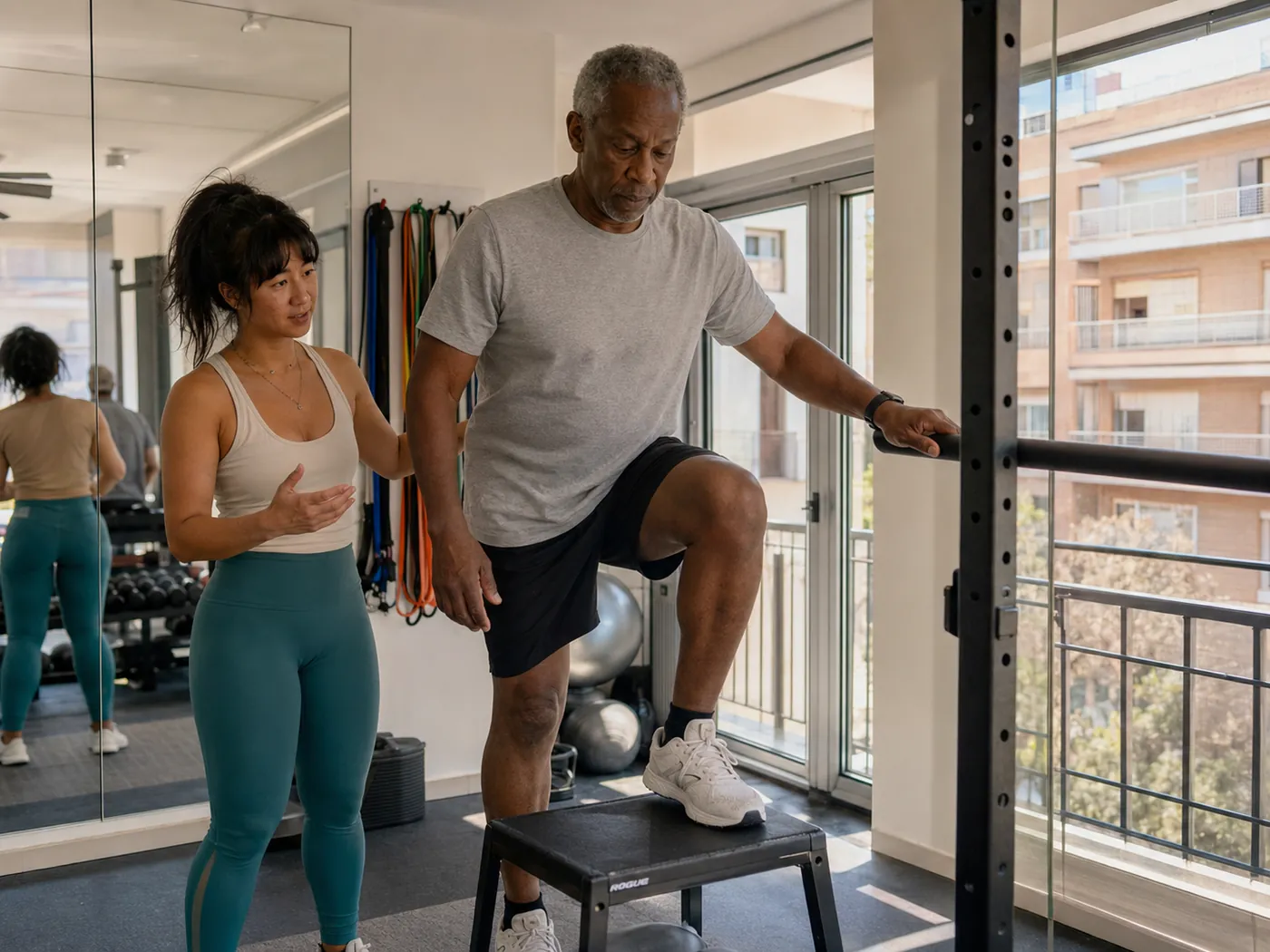 Julie guiding an older client through a step-up exercise in the gym