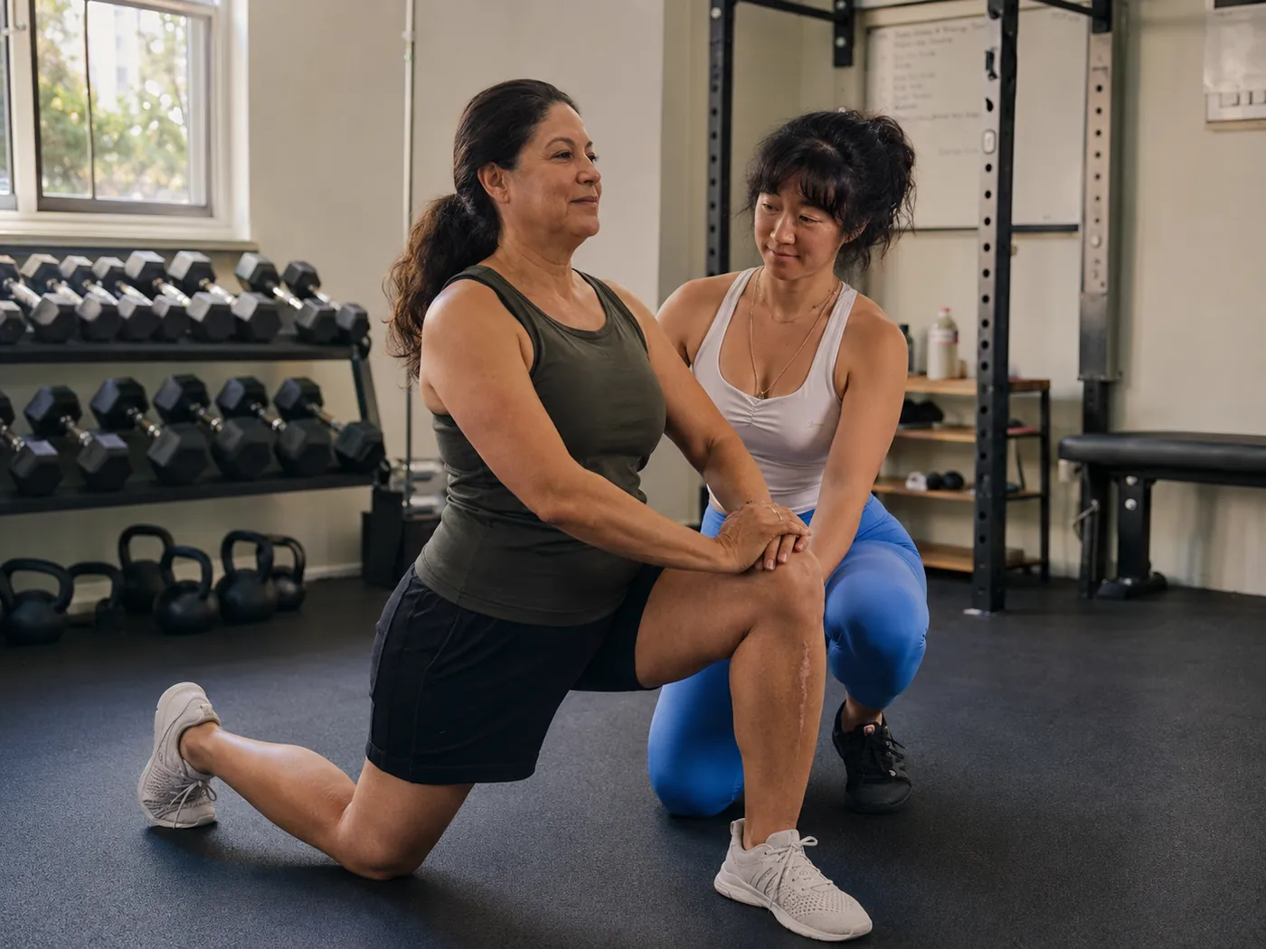 Julie guiding a client through careful, recovery-focused movement